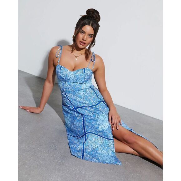 Vici Blue Paisley Sweetheart Midi Dress Size S Coastal Cowgirl - Picture 1 of 13